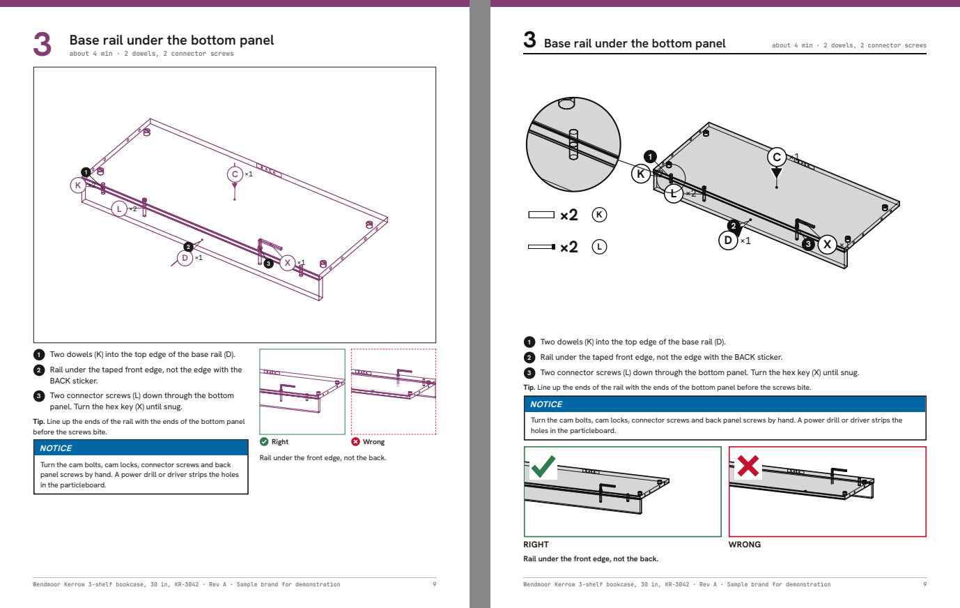 A redrawn manual page from the sample bookcase, with numbered parts and the right and wrong way shown.